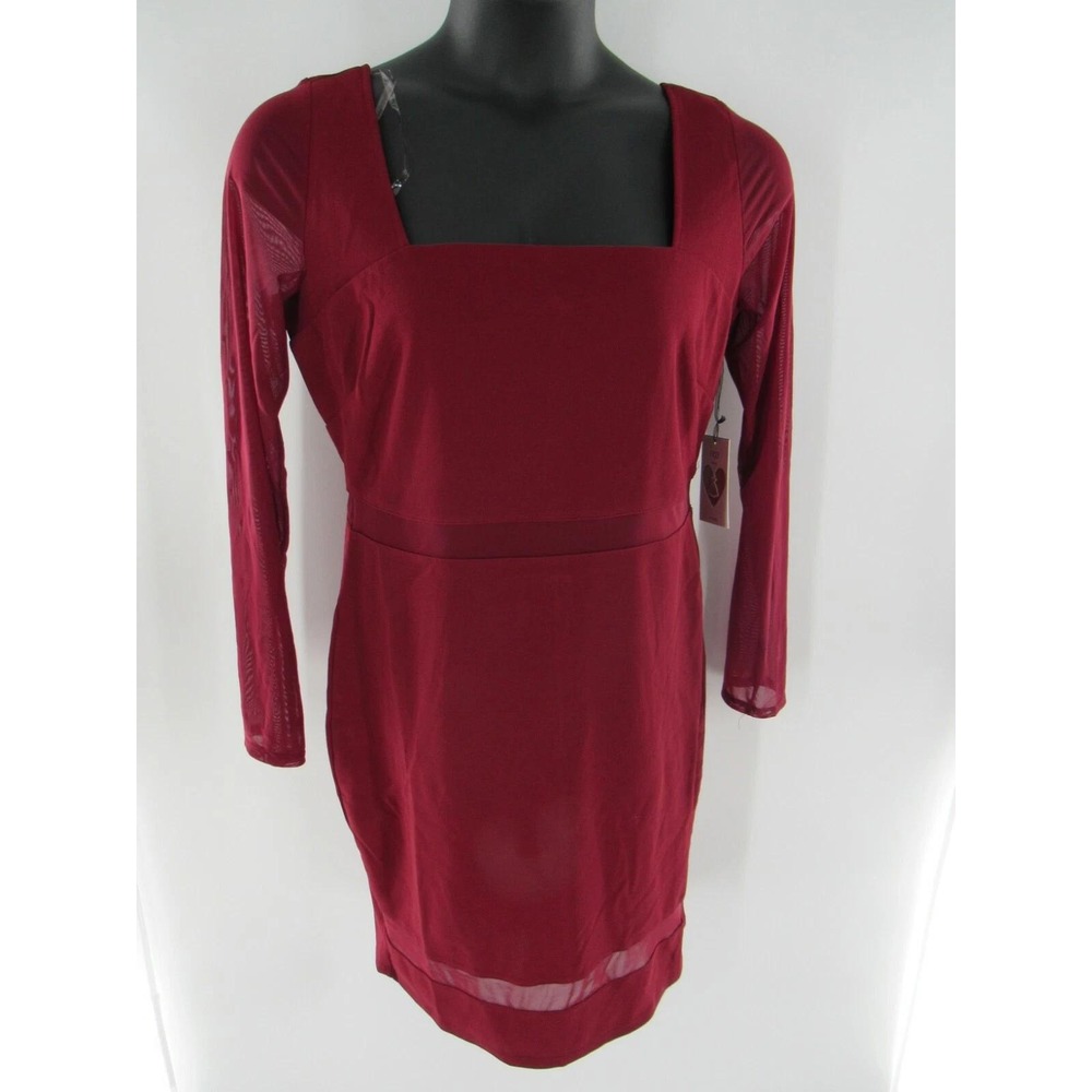 IRIS Burgundy Square Neck Mesh Sleeve Sheath Dress Plus Size 2XL Style ID4413PL